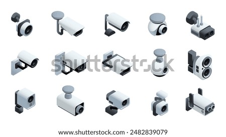 Set of isometric security cameras. Icons with different CCTV or surveillance cameras for property protection. Video monitoring and observation. 3D realistic vector illustrations isolated on background