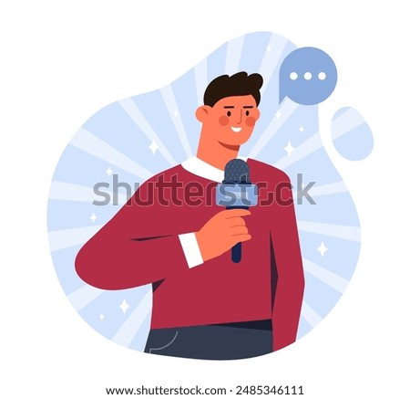 Journalist with microphone. News anchor and reporter. Mass media worker and journalist, broadcast. Correspondent and newcaster with mic. Flat vector illustration isolated on white background