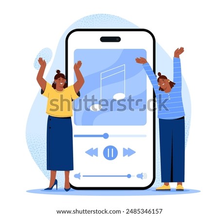 Women with favorite song. Young girls near smartphone with audio files. Favorite songs and playlist. Disco and party. Friends dancing indoors. Flat vector illustration isolated on white background