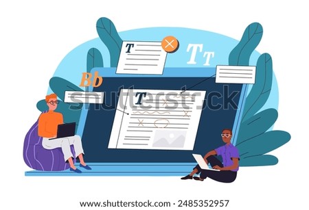 Online text editing. Men in glasses with laptops read article at webpage. Editors and copywriters. Freelancers work on internet. Online earnings. Flat vector illustration isolated on white background