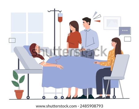 Hospital visit concept. Young girl lies in hospital room, her family supports her daughter. Health care and medicine, treatment of patient. Cartoon vector illustration isolated on white background