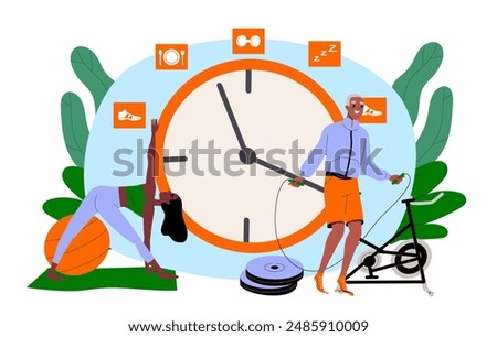 People with training schedule. Man jumps on skipping rope and woman does yoga against background of clock. Active lifestyle and sports. Fitness and workout. Cartoon vector illustration