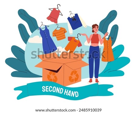 Second hand shop. Woman buys things. Cheap store with discounts. Customer with bazaar market or garage. Vintage things and local store. Cartoon vector illustration isolated on white background