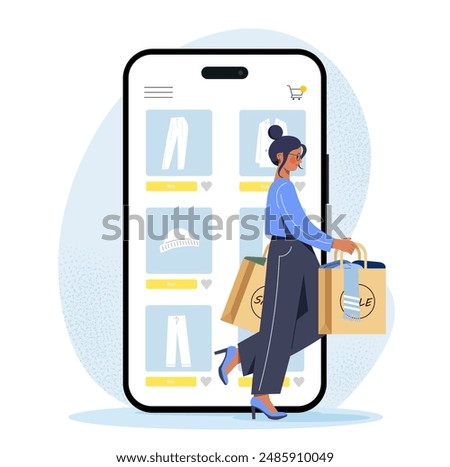 Woman with online shop. Young girl with shopping bags near smartphone. Shopping on internet and electronic commerce, home delivery. Retail and marketplace. Cartoon vector illustration