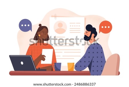 People at job interview. HR Manager interviews candidate for vacancy. Business meeting and conversation. Headhunting and recruitment. Company hiring employee. Flat vector illustration