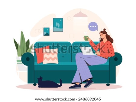 Woman work from home. Young girl with laptop and mug of hot drink sits on sofa. Remote worker and freelancer make money on Internet. Home office for online earnings. Flat vector illustration