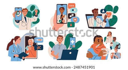 Online medical service. Patients communicate with doctors on smartphone screens. Telemedicine and remote consultation with therapist. Flat vector illustration collection isolated on white background