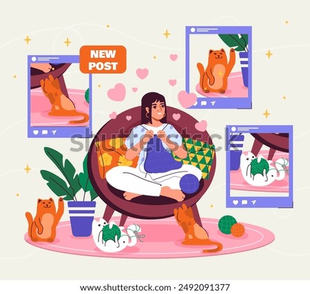 Woman with animal photos. Young girl sends photos of cats to social networks. Popular blogger. Owner posts pictures of her pets on Internet. Flat vector illustration isolated on beige background