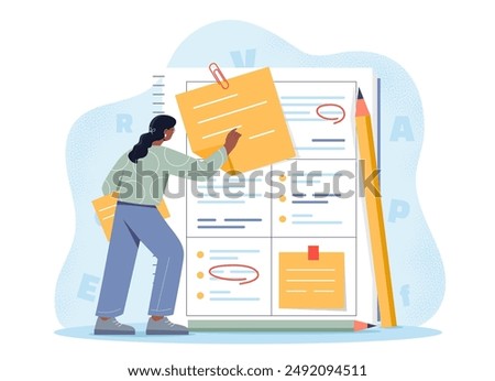 Woman with planning concept. Young girl with large pencil writes goals and objectives in notebook. Time management and efficient workflow. Flat vector illustration isolated on white background