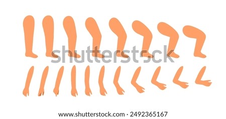 Summer girl legs and arms set. Feet and hands. Pack of legs in arms. Design elements for creating animations. Holiday and vacation. Schoolgirl construction. Flat vector collection