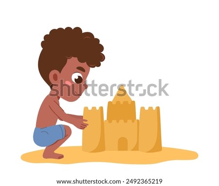 Boy with sandcastle. Child on beach builds building out of sand. Leisure and recreation in tropical countries. Holiday and vacation. Flat vector illustration isolated on white background