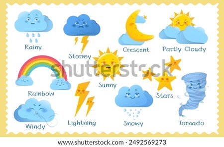 Educational worksheet with weather. Poster with cute cloud, sun, moon, rainbow and lightning characters. Flashcards with weather elements for children. Study and learning. Cartoon vector illustration