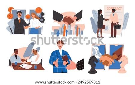 Business Relationships. Entrepreneurs and company managers shaking hands. Businessmen make deal, agreement or contract in negotiations. Flat vector illustration collection isolated on white background