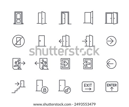 Open door line icon set. Signs with doorway, entrance, exit, closed door, lock. Editable stroke. Design element for application. Outline vector illustration collection Isolated on white background