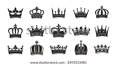 Set of crown silhouettes. Simple dark icons with crowns of kings, princes, monarchs and queens. Luxury royal tiaras with precious stones. Flat vector illustration collection isolated on background