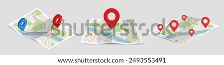 Set of maps with pin. Icons with folded city map and red direction pointer. GPS navigation, route movement and location search. Realistic 3D vector illustration collection isolated on background