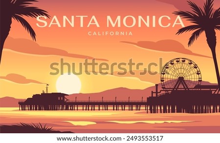 Travel destination poster. Landscape with silhouettes of palm trees, pier, Ferris wheel and sea waves at sunset. Scenery Santa Monica, California. Tourism and journey. Cartoon vector illustration