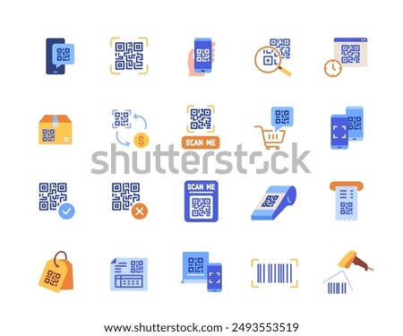 Set of QR Code icons. Colorful symbols with qr code on smartphone screen, scanning barcode on receipt for contactless payment. Flat vector illustration collection isolated on white background