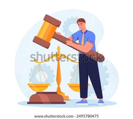 Law and justice man. Young guy with huge judges gavel next to scales. Jurisprudence and legal support. Legislation and judgement. Flat vector illustration isolated on white background