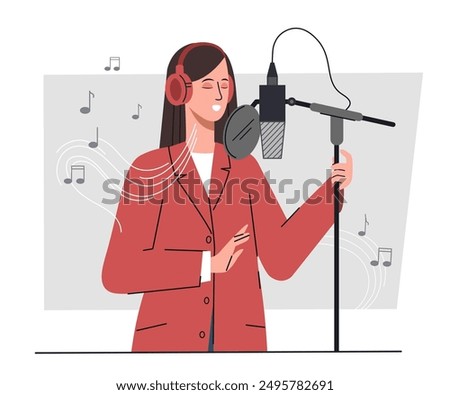 Woman recording at studio. Young girl sings into microphone. Popular singer recording new song. Creativity and art. Vocalist performing. Flat vector illustration isolated on white background