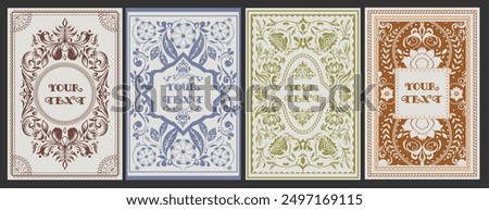 Vintage floral engraving frame set. Retro ornate decorative posters with elegant floral ornaments. Design element for brochure or book cover. Vector illustration collection isolated on background