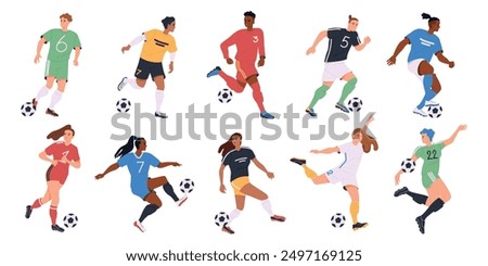 Soccer players set. Happy men and women athletes playing European football game. Athletes run with ball, hit and score goal. Cartoon flat vector illustration collection isolated on white background