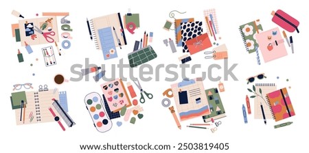 Set of Stationery supplies. Tools, materials and equipment for handmade, crafting and creative hobbies. Notebooks, paints and pencils. Flat vector illustration collection isolated on white background