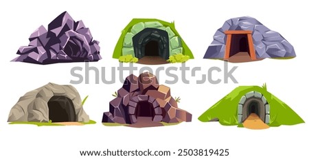 Set of stone cave entrance. Landscape elements with natural tunnels and mines in rocks and mountains. Dark grotto, hole in cliffs. Cartoon vector illustration collection isolated on white background