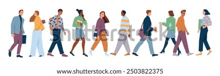 Diverse business people walking. Side view of happy men and women entrepreneurs or office employees rushing to work or business meeting. Flat vector illustration set isolated on white background