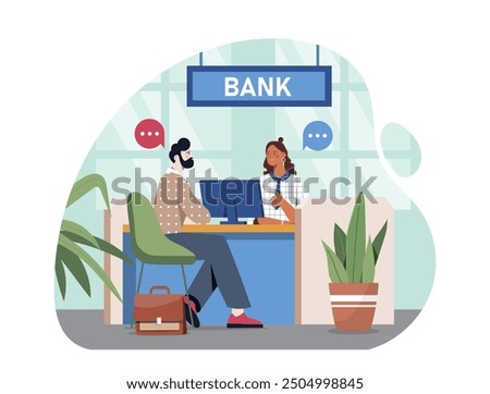 Man with banking services. Young guy consults with bank employee. Businessman communicates with clerk. Entrepreneur and manager in bank. Flat vector illustration isolated on white background