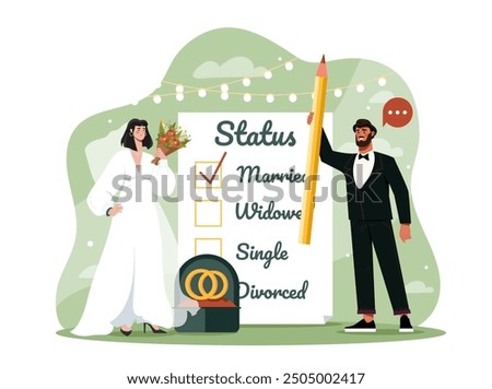 People with marital status. Man in suit and woman in white dress carrying document with wedding status. Happy bride and groom, husband and wife. Love and romance. Flat vector illustration