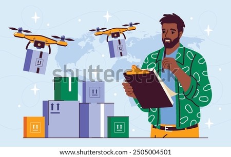 Logist with drone delivery. Remote control man with cardboard boxes. Shipping and logistics, transportation. Export and import of goods. Flat vector illustration isolated on white background