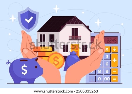 Property and savings. Hands with gold coins near calculator and house. Investing in real estate and private property. Financial literacy and passive income. Flat vector illustration