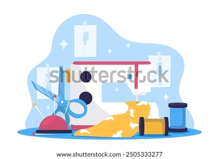 Workplace of seamstress. Sewing machine with piece of fabric. Atelier and tailor. Scissors and threads. Fashion, trend and style. Fashion designer studio. Flat vector illustration