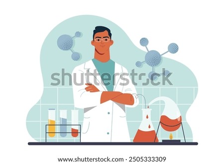 Man scientist in lab. Young guy in coat near test tubes with chemical reagents. Experiment in laboratory. Scientist develops cure. Flat vector illustration isolated on white background