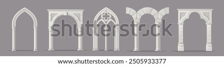 Set of medieval marble arches. Ancient antique columns and stone entrance gates of castles and palaces. Greek and Roman architecture. Realistic 3D vector illustration collection isolated on background