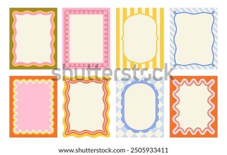 Set of frames with wavy edges. Trendy doodle borders with geometric patterns and curved shapes. Abstract design elements for invitations. Flat vector illustration collection isolated on background