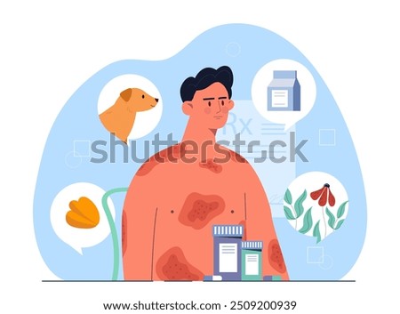 Man with allergy spots. Young guy suffer from skin diseases and illness. Infographic with allergens. Flowers, dog and diary products. Flat vector illustration isolated on white background