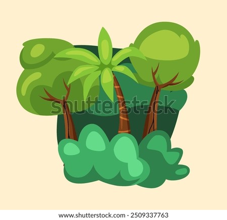 Zoo map. Tropical and exotic trees. Sticker with dense lush jungle or wild African forest. Nature and Wildlife Environment. Cartoon vector illustration isolated on beige background