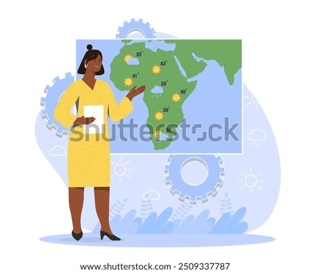 Weather forecast. Woman stands near map with pinpoints. Meteorological show at television, tv industry. Reporter with weather prediction. Flat vector illustration isolated on white background