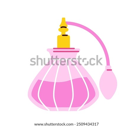 Perfume concept. Pink fragrance and cologne. Beauty, elegance and aesthetics. Bottle of eau de toilette. Graphic element for website. Flat vector illustration isolated on white background