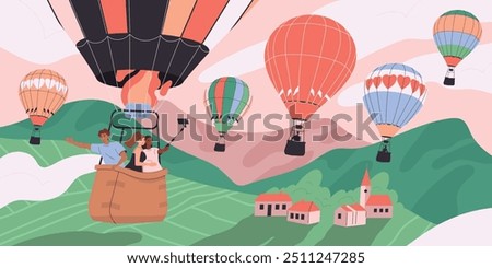 Hot air balloon flight. Banner with people soaring and flying in basket in sky among clouds and mountains. Tourists travel on aerial ballon and observe natural landscapes. Flat vector illustration