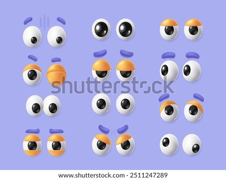 Set of 3D eyes. Cartoon eyeballs emoji with eyebrows and eyelids expressing different emotions. Funny eyesight pair. Design for social networks. Realistic vector illustration isolated on background