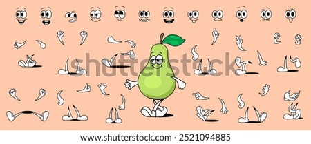 Set of 70s groovy faces. Collection of hands, feet, facial expressions with different emotions to create comical cartoon pear character. Cartoon flat vector illustration isolated on background