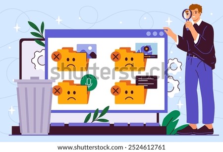 Man deleting data. Young guy with magnifying glass examines folders with documents on laptop. File management and freeing up space on server, hard drive. Flat vector illustration