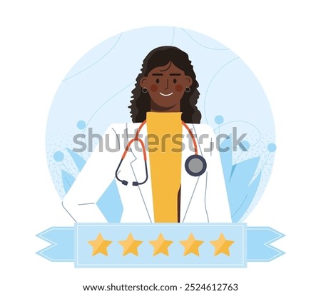 Doctors rating concept. African American woman in medical uniform with stethoscope. Ranking and users reviews. Medical specialist rank. Flat vector illustration isolated on white background