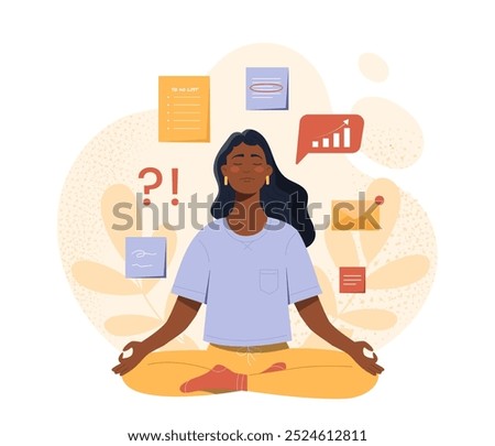 Businesswoman meditating concept. Young girl sitting in lotus position. Wellness and zen, wellbeing. Mental and psychological health. Flat vector illustration isolated on white background