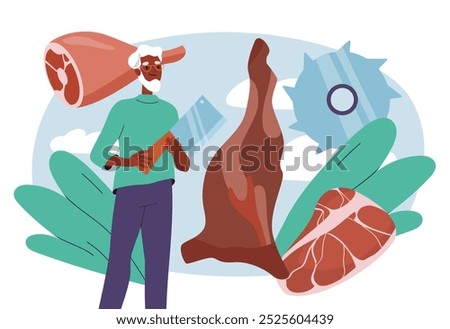 Man cuts meat. Young guy with cleaver cuts meat. Pork, chicken or beef steak. Natural and organic products. Butcher with fillet. Flat vector illustration isolated on white background