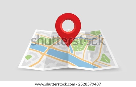 Map with GPS pin. Navigation and direction. City map with infrastructure. Travel and tourism. Journey and adventure. Guide for tourists. Isometric vector illustration isolated on beige background