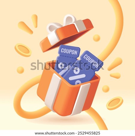 Gift coupon. Banner with gift box with ribbon and voucher for shopping during sale. Special offer and discount. Marketing, Advertising and Promotion. 3D vector illustration in plasticine style